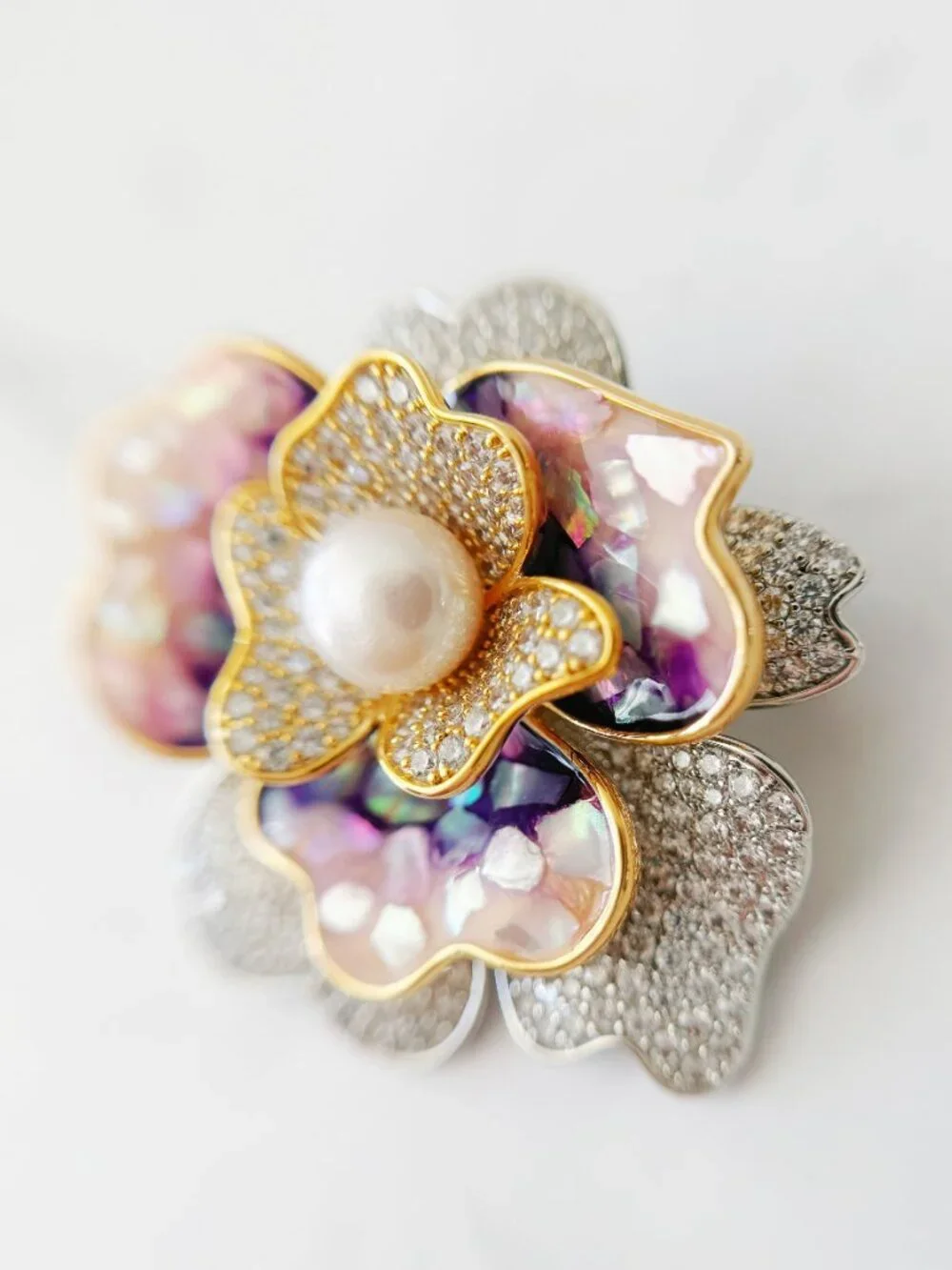 Pink & Purple Rhinestone Flower Brooch Pin with Pearl-Style Center, Silver Tone